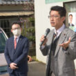 事務所開きで訴える田村氏（右）と山口候補（左)＝11日、福岡市西区