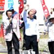 訴える（左から）田村、高崎、東の各氏＝５月１０日、熊本県菊池市